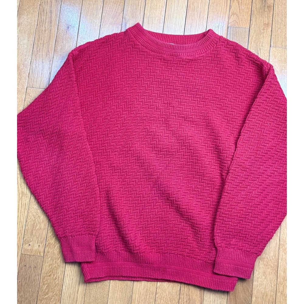 Vntg 90s Bill Blass Red Textured Zigzag Knit Cotton‎ Crew Neck Sweater Mens M